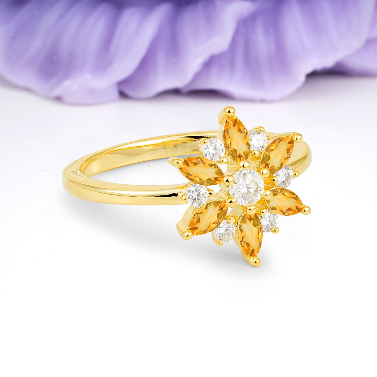 Symmetric Six Marquise Snowflake Cluster Center Round Cut Citrine Engagement Ring - Additional view