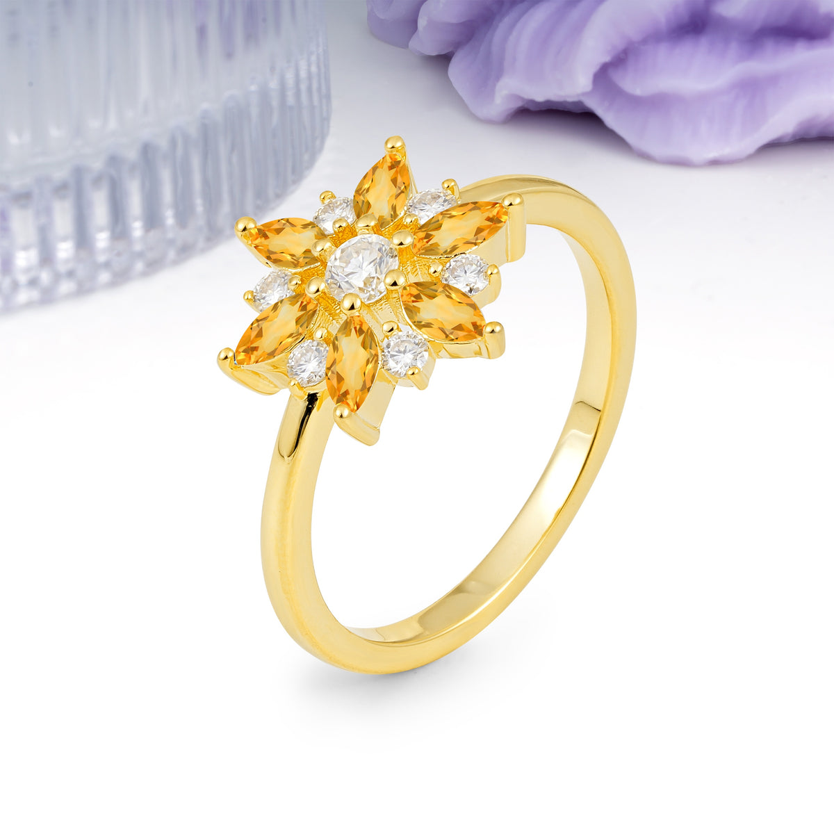 Symmetric Six Marquise Snowflake Cluster Center Round Cut Citrine Engagement Ring - Additional view