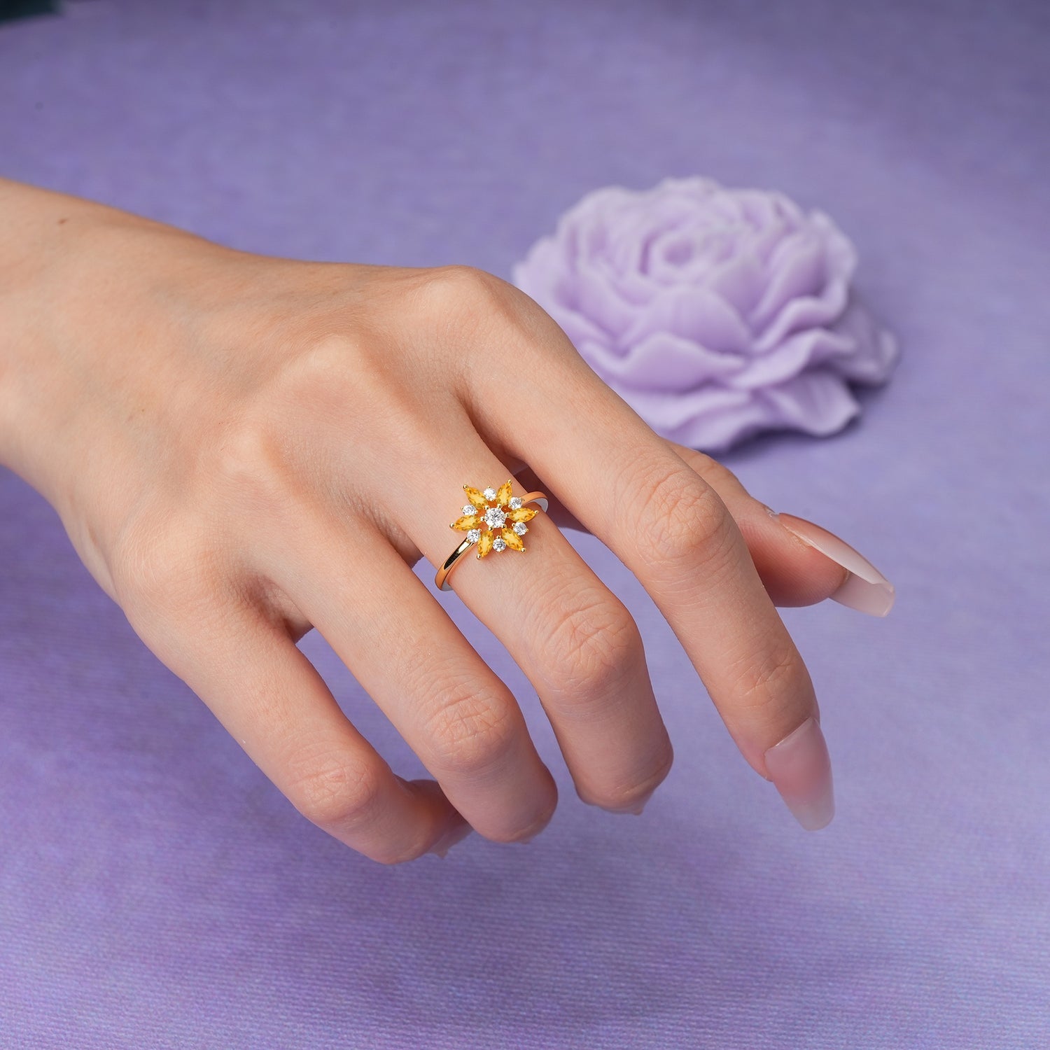 Symmetric Six Marquise Snowflake Cluster Center Round Cut Citrine Engagement Ring - Additional view