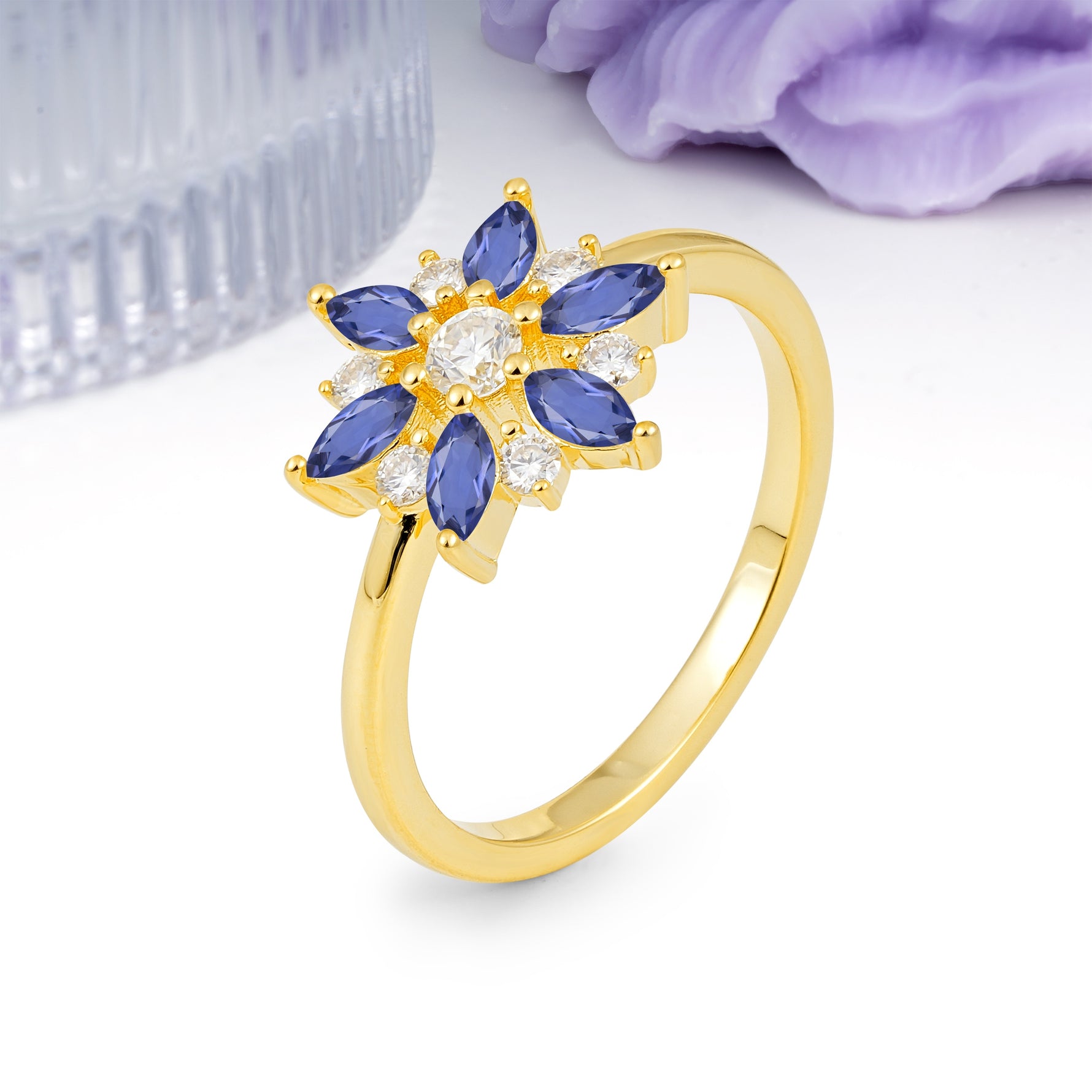 Symmetric Six Marquise Snowflake Cluster Center Round Cut Tanzanite Engagement Ring - Additional view