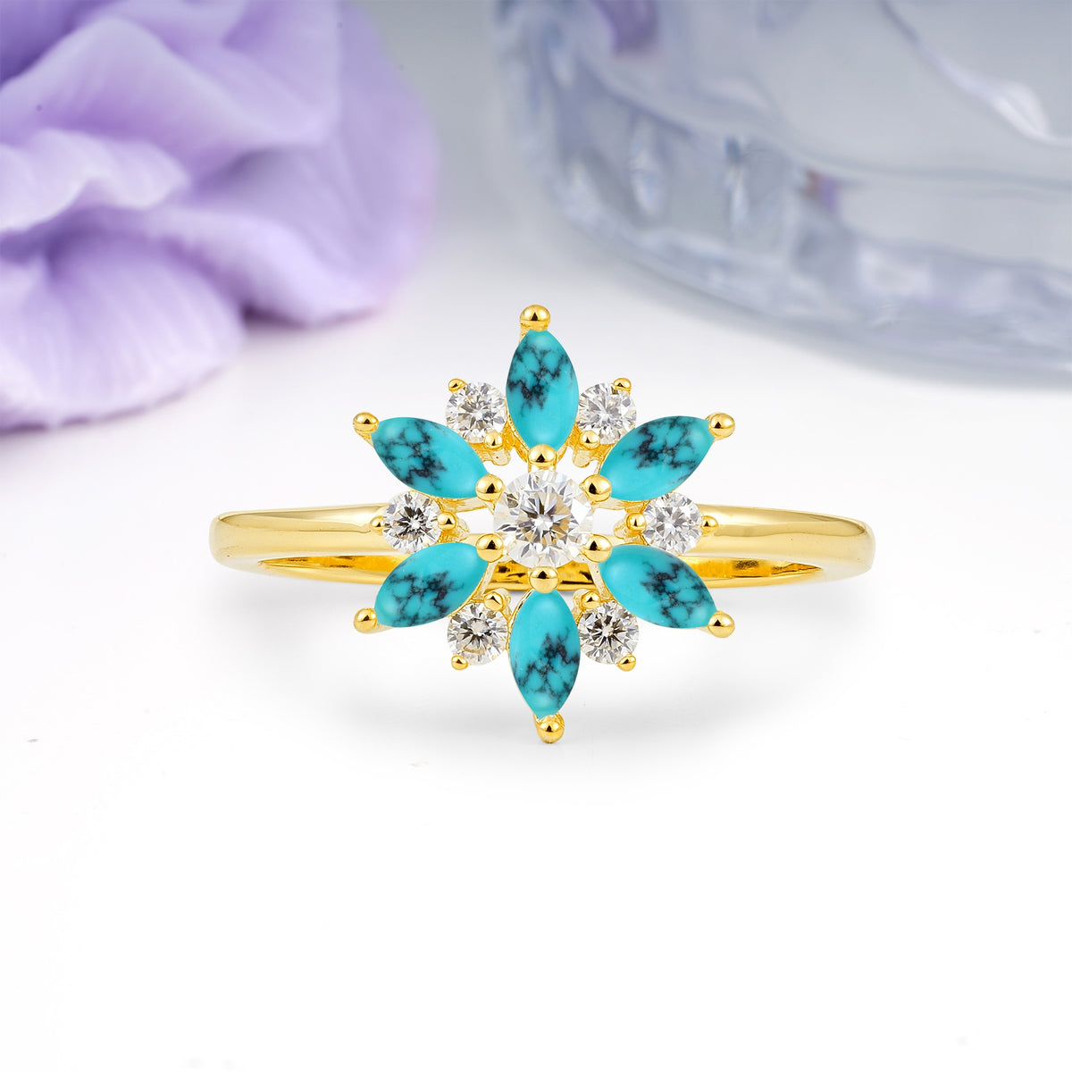Symmetric Six Marquise Snowflake Cluster Center Round Cut Turquoise Engagement Ring - Additional view