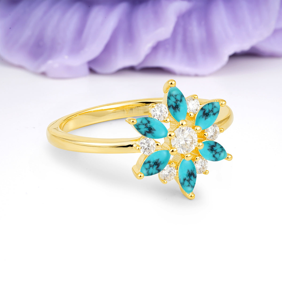 Symmetric Six Marquise Snowflake Cluster Center Round Cut Turquoise Engagement Ring - Additional view