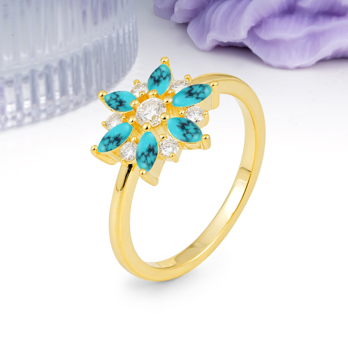 Symmetric Six Marquise Snowflake Cluster Center Round Cut Turquoise Engagement Ring - Additional view