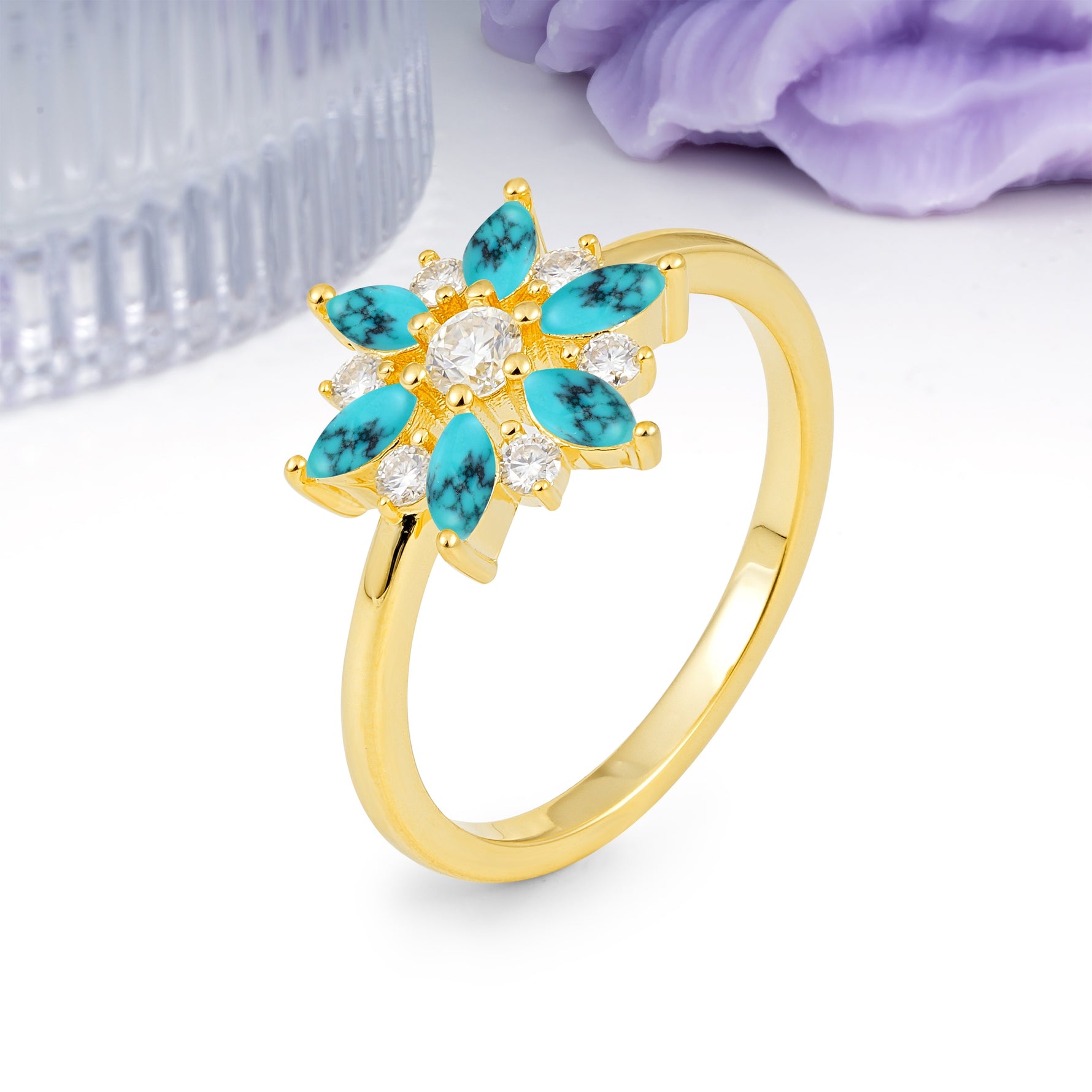 Symmetric Six Marquise Snowflake Cluster Center Round Cut Turquoise Engagement Ring - Additional view