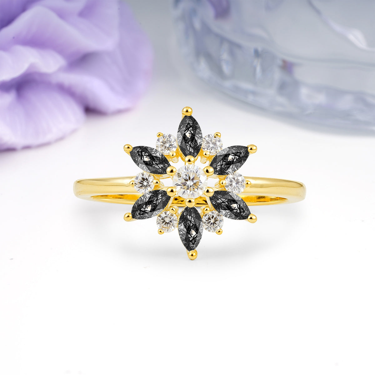 Symmetric Six Marquise Snowflake Cluster Center Round Cut Black Rutilated Quartz Engagement Ring - Additional view