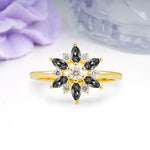 Symmetric Six Marquise Snowflake Cluster Center Round Cut Black Rutilated Quartz Engagement Ring - Additional view