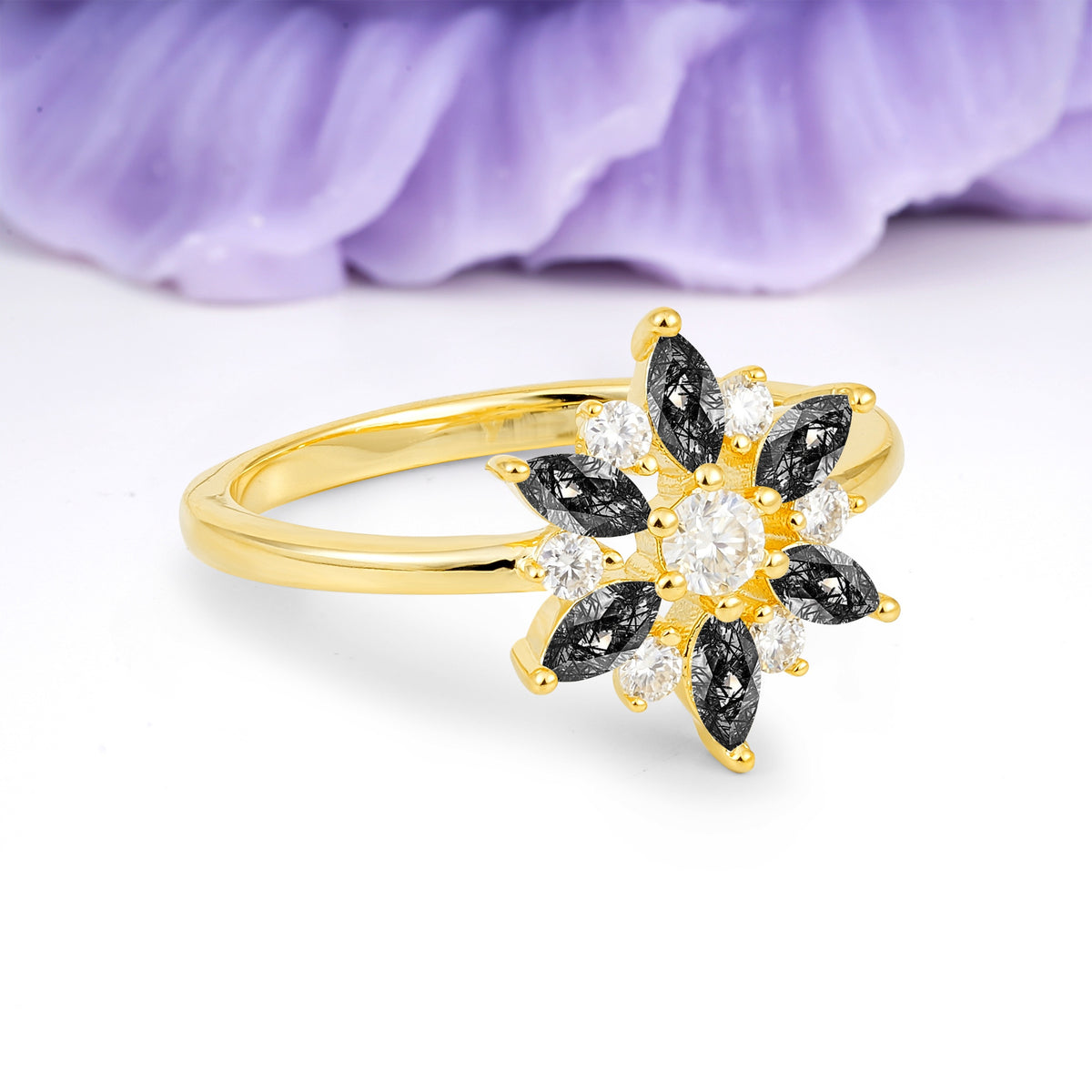Symmetric Six Marquise Snowflake Cluster Center Round Cut Black Rutilated Quartz Engagement Ring - Additional view