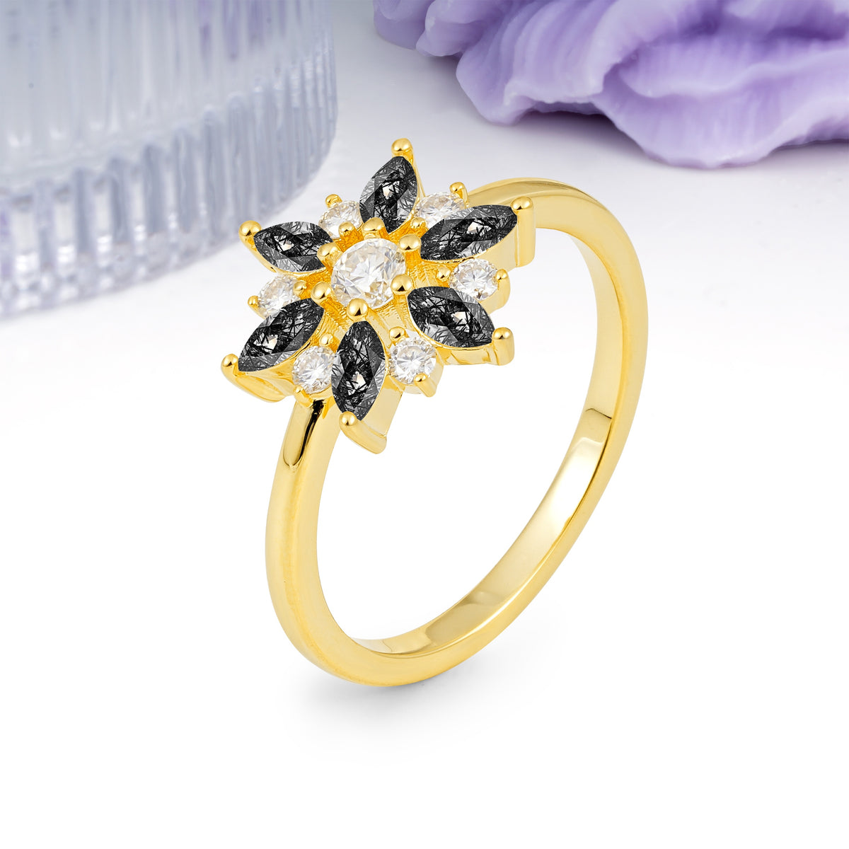 Symmetric Six Marquise Snowflake Cluster Center Round Cut Black Rutilated Quartz Engagement Ring - Additional view