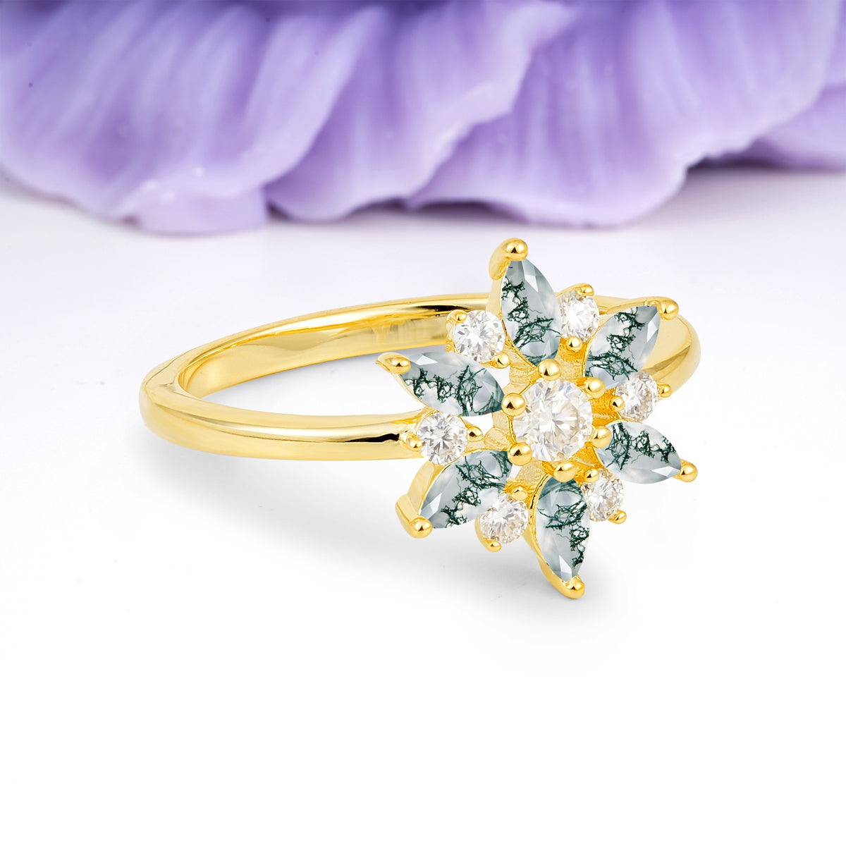 Symmetric Six Marquise Snowflake Cluster Center Round Cut Moss Agate Engagement Ring - Additional view