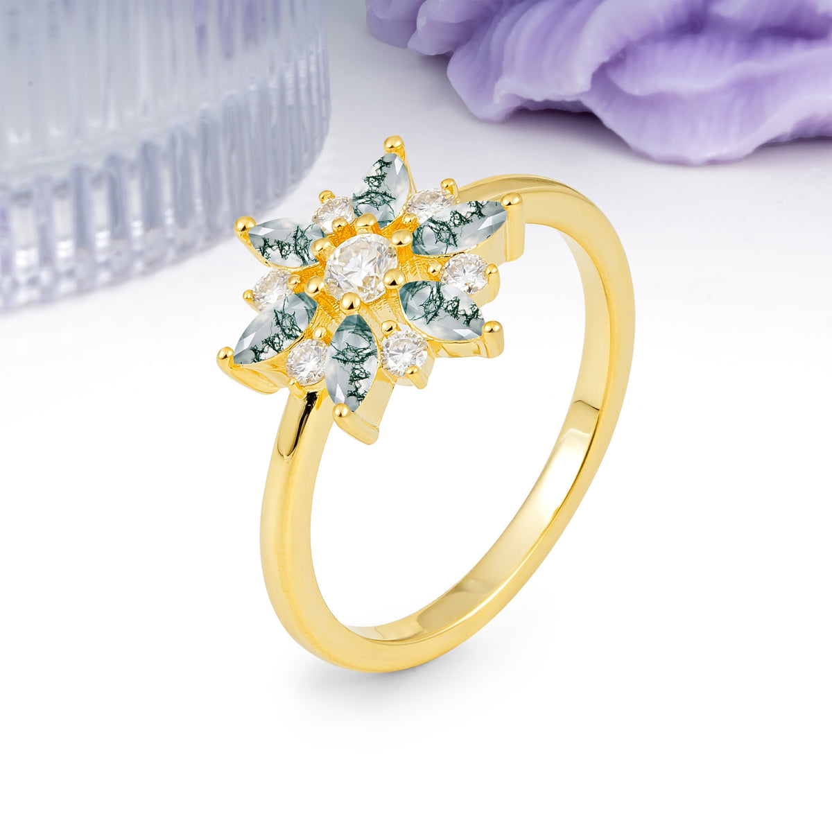 Symmetric Six Marquise Snowflake Cluster Center Round Cut Moss Agate Engagement Ring - Additional view