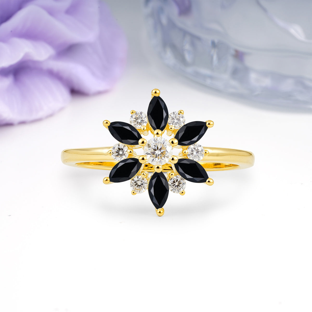 Symmetric Six Marquise Snowflake Cluster Center Round Cut Black Onyx Engagement Ring - Additional view