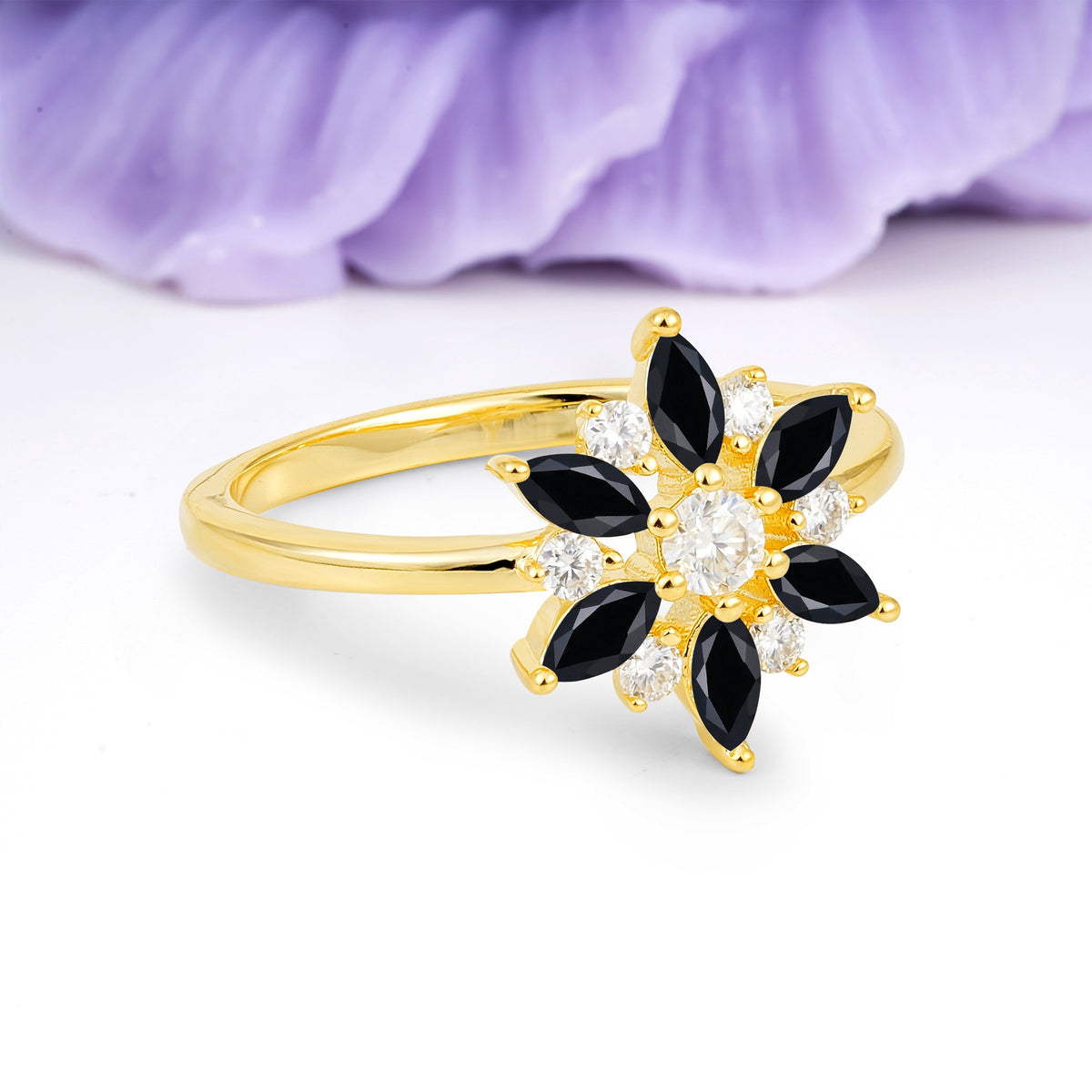 Symmetric Six Marquise Snowflake Cluster Center Round Cut Black Onyx Engagement Ring - Additional view