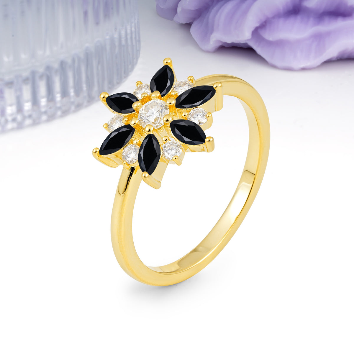 Symmetric Six Marquise Snowflake Cluster Center Round Cut Black Onyx Engagement Ring - Additional view