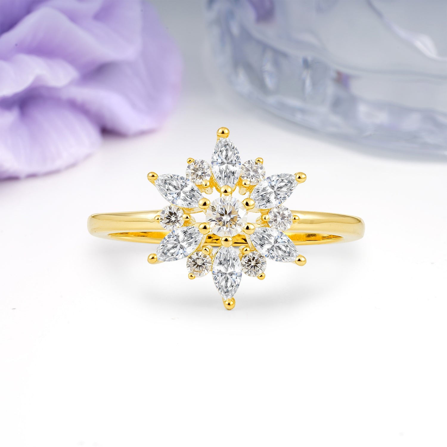 Symmetric Six Marquise Snowflake Cluster Center Round Cut Lab Diamond Engagement Ring - Additional view