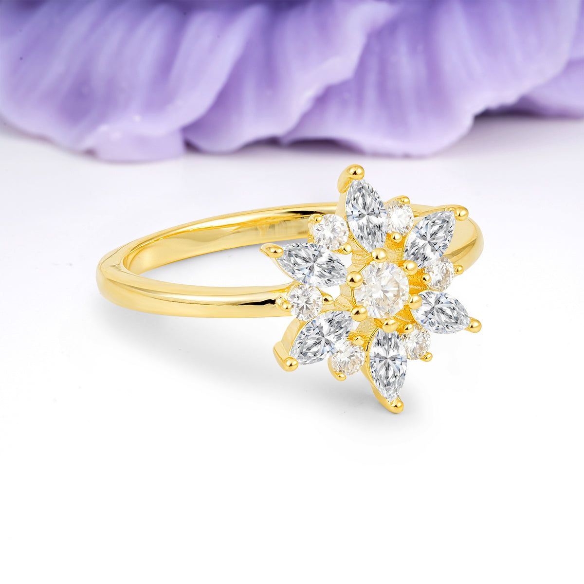 Symmetric Six Marquise Snowflake Cluster Center Round Cut Lab Diamond Engagement Ring - Additional view