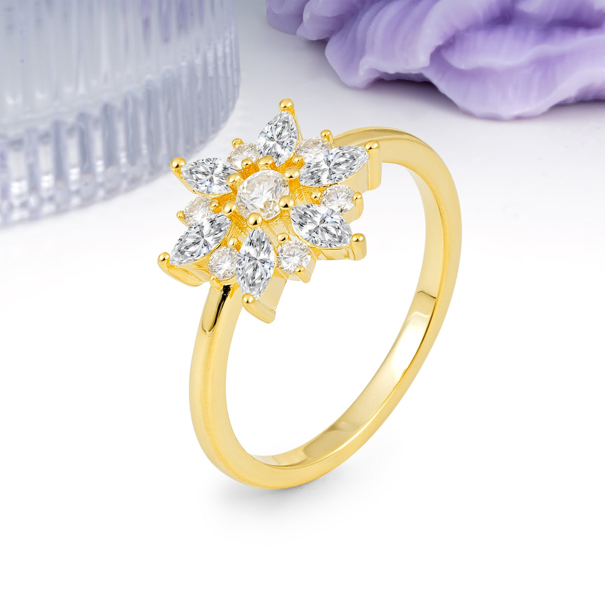 Symmetric Six Marquise Snowflake Cluster Center Round Cut Lab Diamond Engagement Ring - Additional view