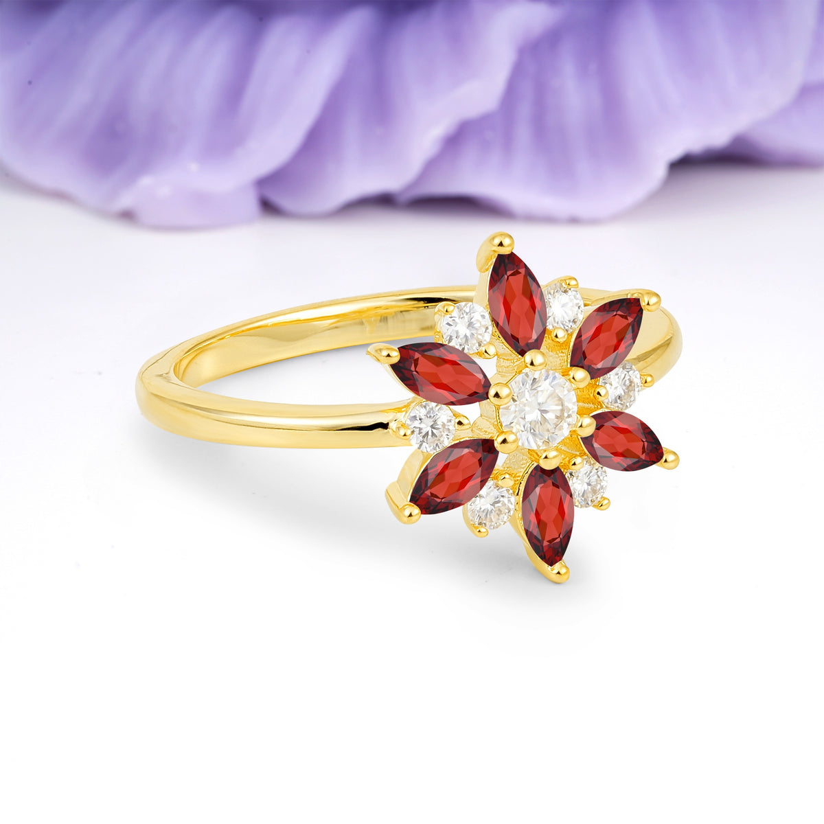 Symmetric Six Marquise Snowflake Cluster Center Round Cut Garnet Engagement Ring - Additional view