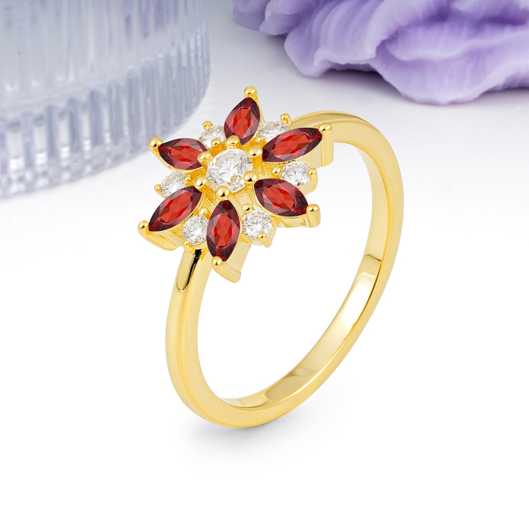 Symmetric Six Marquise Snowflake Cluster Center Round Cut Garnet Engagement Ring - Additional view