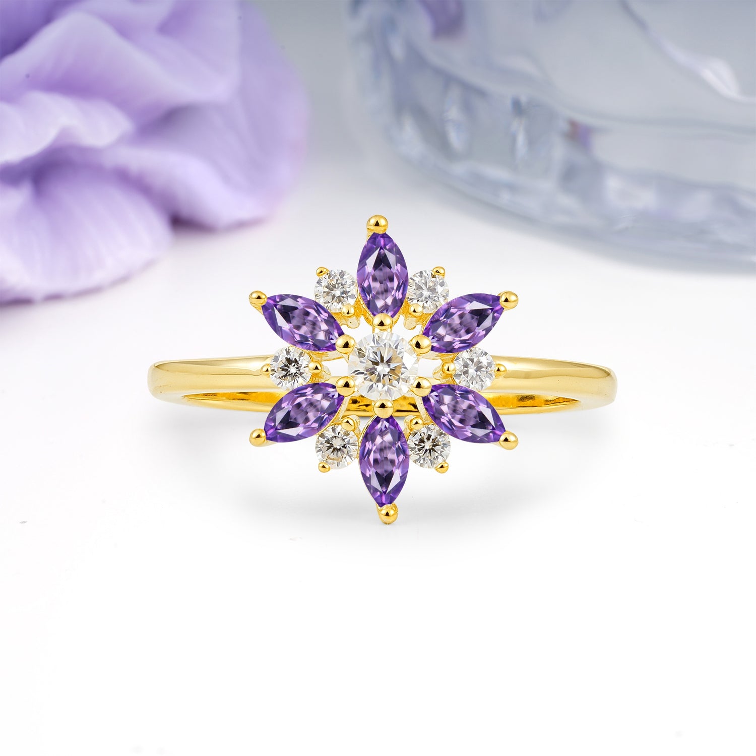 Symmetric Six Marquise Snowflake Cluster Center Round Cut Amethyst Engagement Ring - Additional view