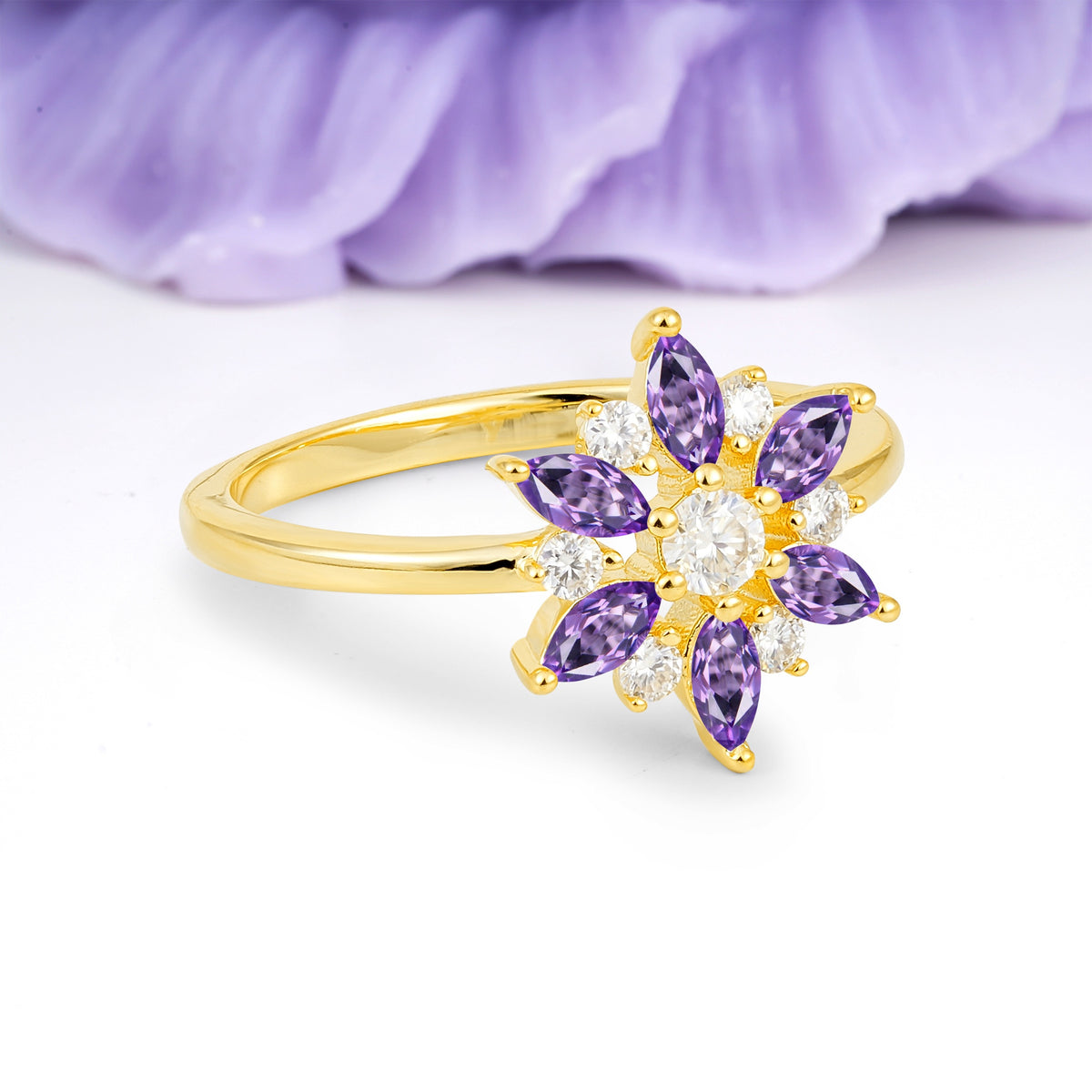 Symmetric Six Marquise Snowflake Cluster Center Round Cut Amethyst Engagement Ring - Additional view