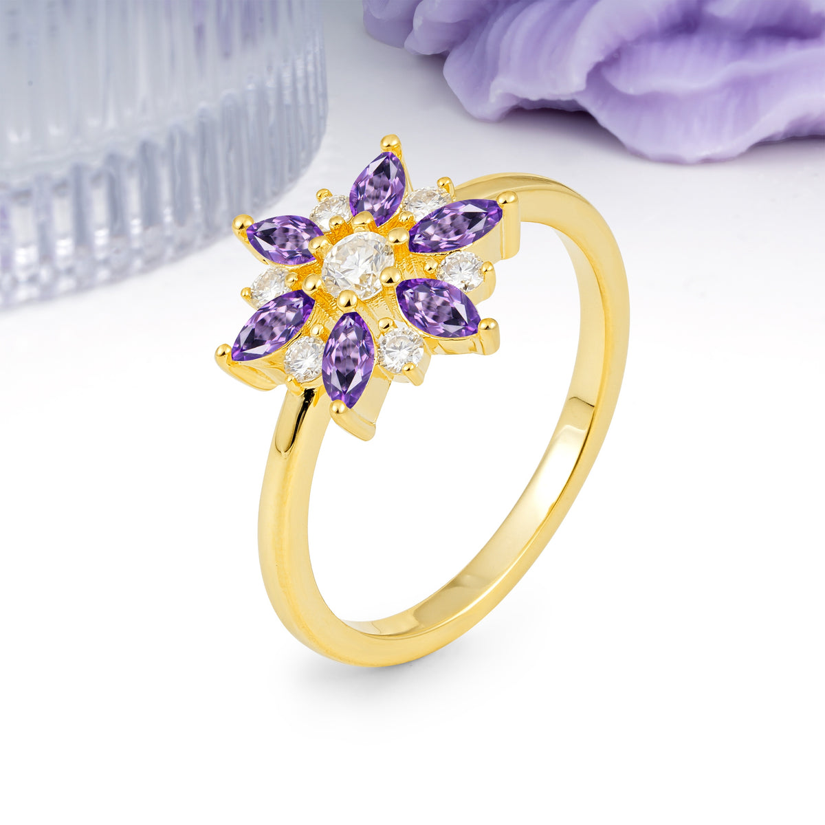 Symmetric Six Marquise Snowflake Cluster Center Round Cut Amethyst Engagement Ring - Additional view