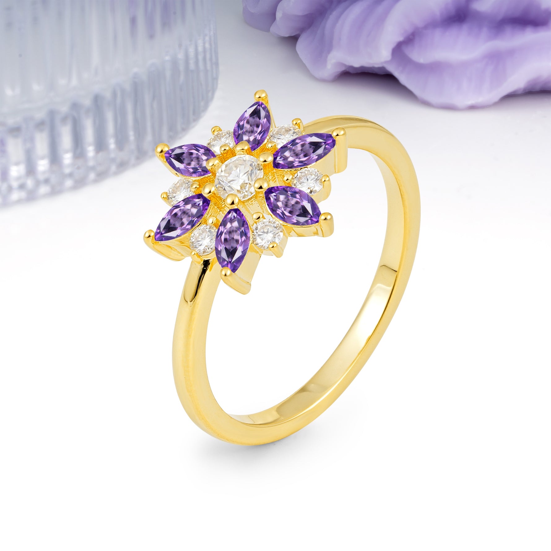 Symmetric Six Marquise Snowflake Cluster Center Round Cut Amethyst Engagement Ring - Additional view