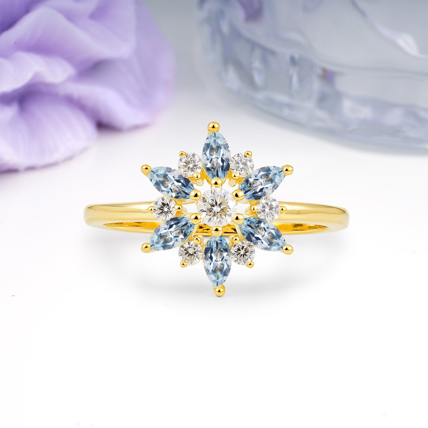 Symmetric Six Marquise Snowflake Cluster Center Round Cut Aquamarine Engagement Ring - Additional view