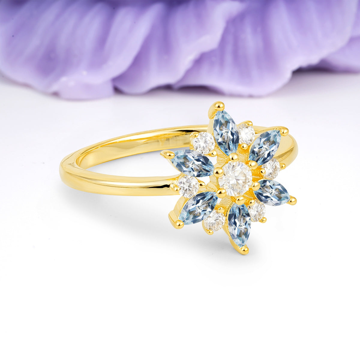Symmetric Six Marquise Snowflake Cluster Center Round Cut Aquamarine Engagement Ring - Additional view