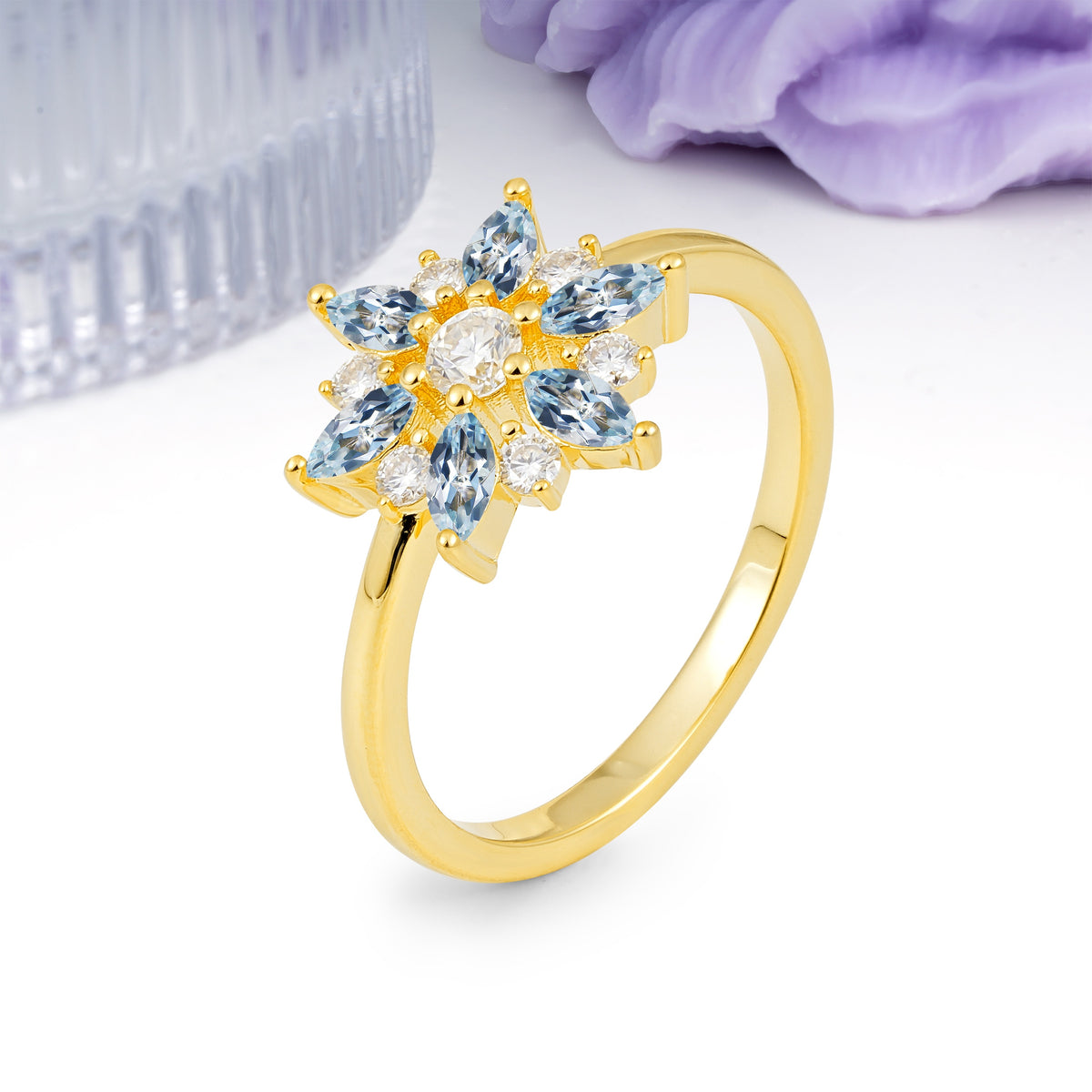 Symmetric Six Marquise Snowflake Cluster Center Round Cut Aquamarine Engagement Ring - Additional view