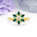 Symmetric Six Marquise Snowflake Cluster Center Round Cut Emerald Engagement Ring - Additional view