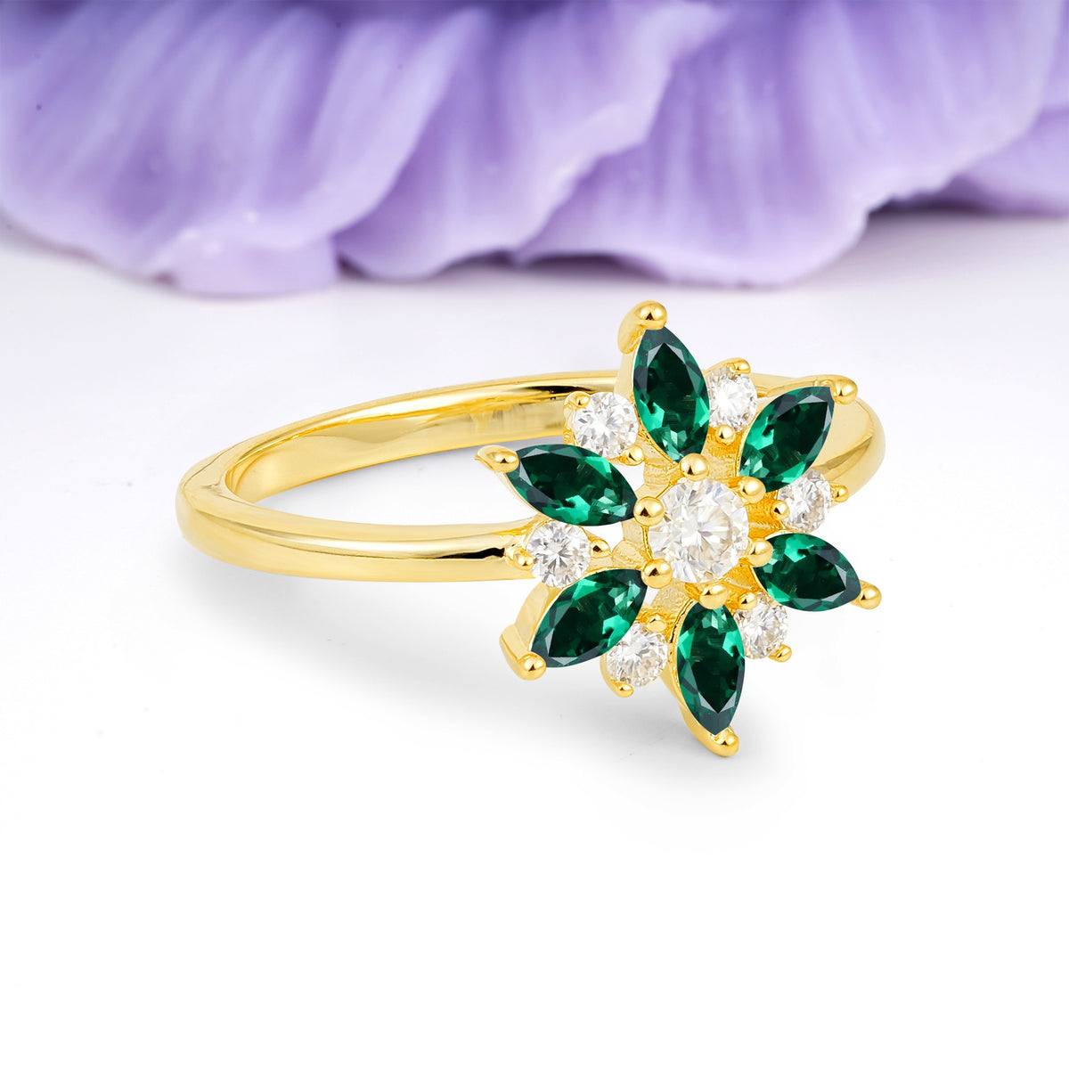 Symmetric Six Marquise Snowflake Cluster Center Round Cut Emerald Engagement Ring - Additional view