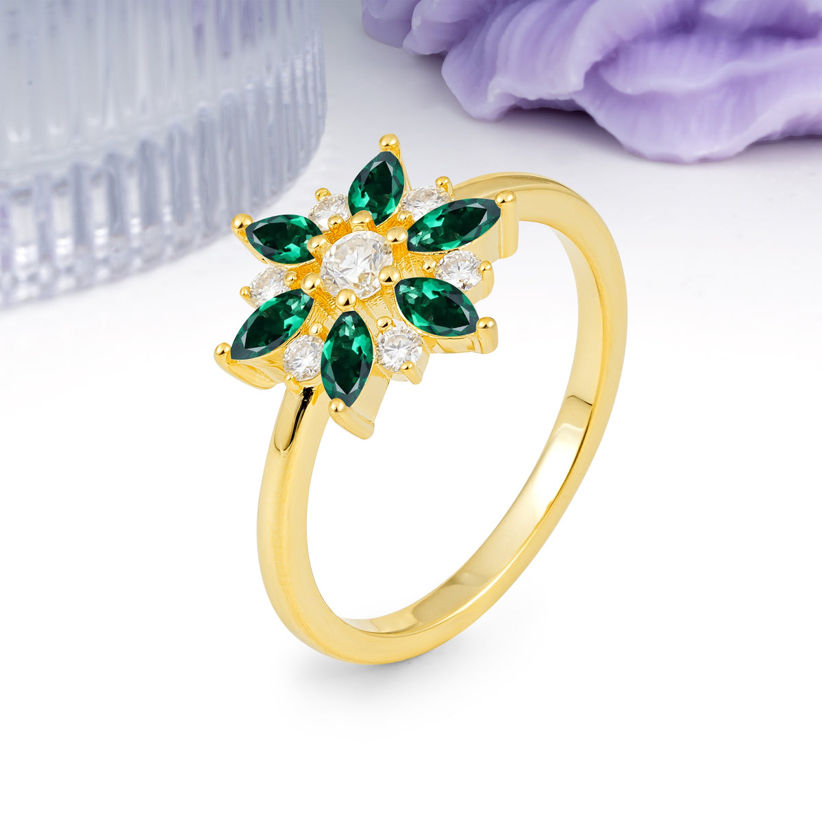 Symmetric Six Marquise Snowflake Cluster Center Round Cut Emerald Engagement Ring - Additional view