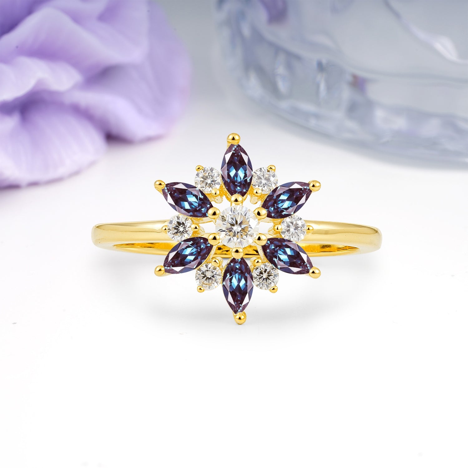 Symmetric Six Marquise Snowflake Cluster Center Round Cut Alexandrite Engagement Ring - Additional view