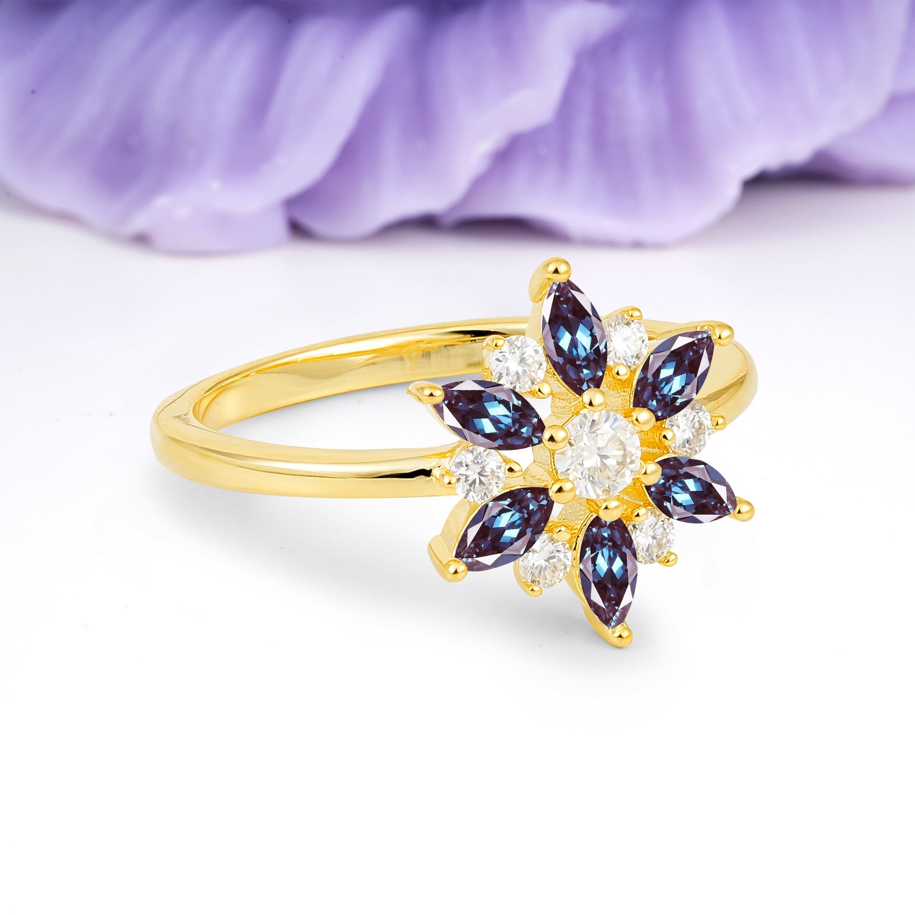 Symmetric Six Marquise Snowflake Cluster Center Round Cut Alexandrite Engagement Ring - Additional view
