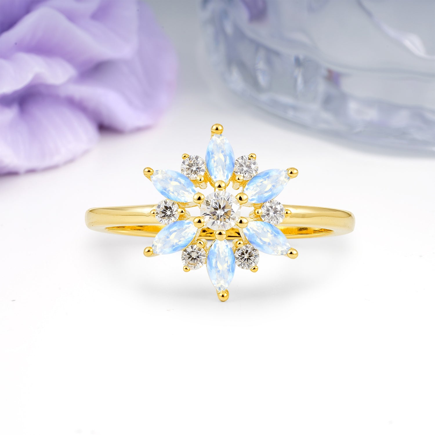 Symmetric Six Marquise Snowflake Cluster Center Round Cut Moonstone Engagement Ring - Additional view
