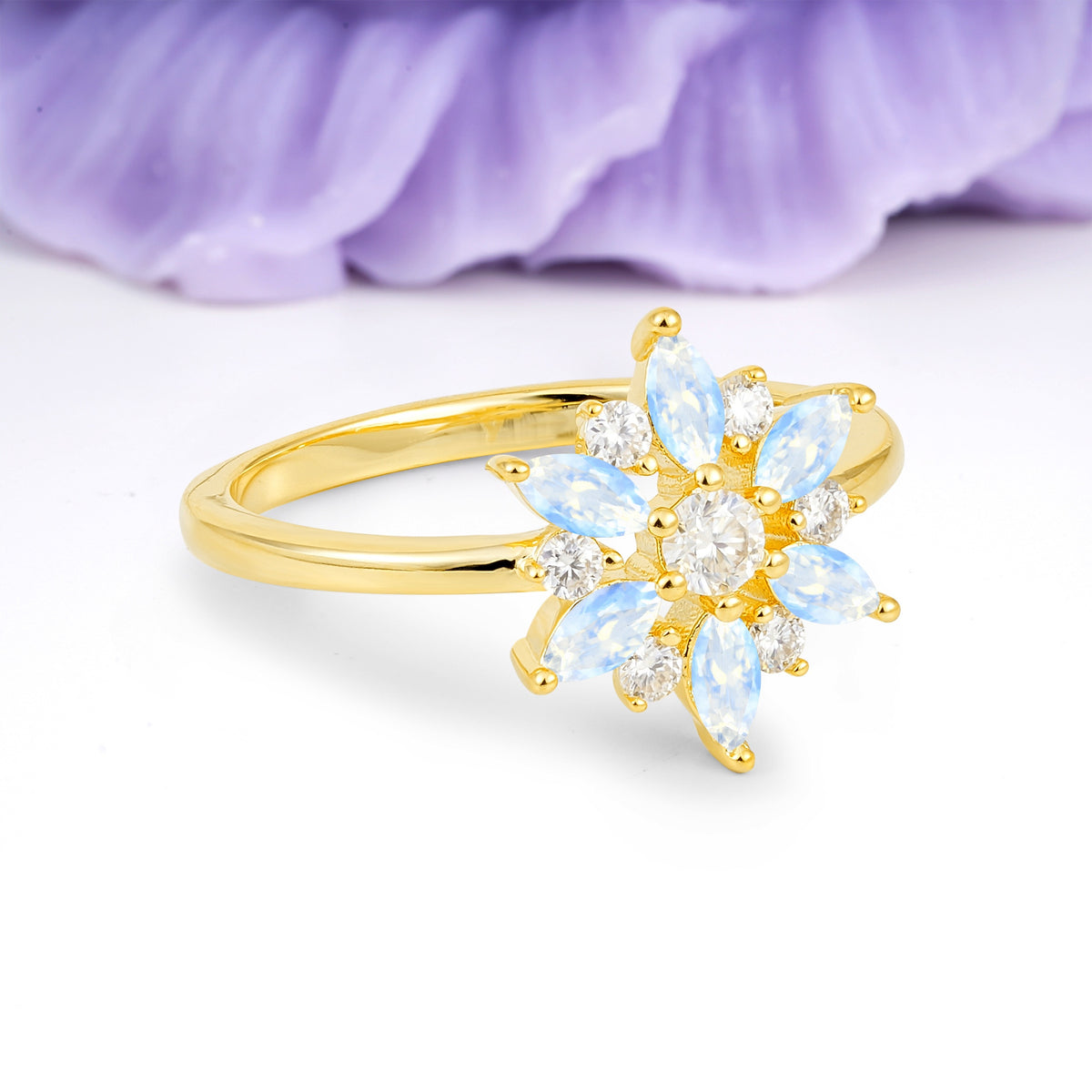 Symmetric Six Marquise Snowflake Cluster Center Round Cut Moonstone Engagement Ring - Additional view