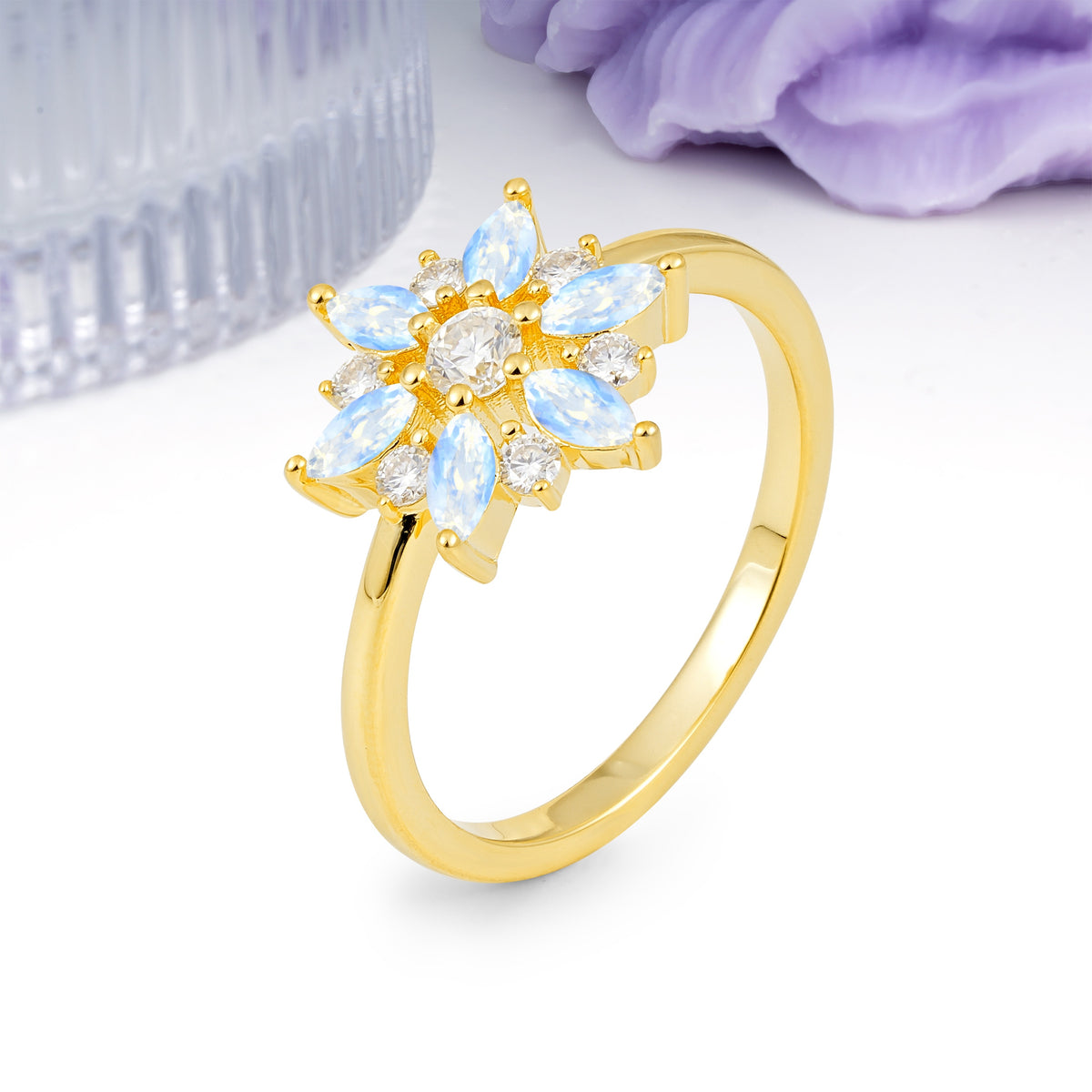 Symmetric Six Marquise Snowflake Cluster Center Round Cut Moonstone Engagement Ring - Additional view