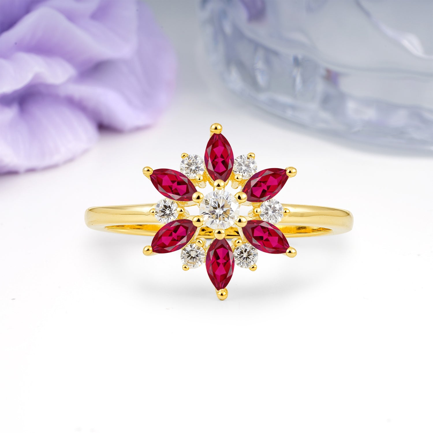 Symmetric Six Marquise Snowflake Cluster Center Round Cut Ruby Engagement Ring - Additional view