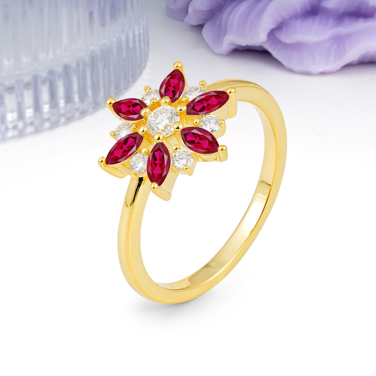 Symmetric Six Marquise Snowflake Cluster Center Round Cut Ruby Engagement Ring - Additional view