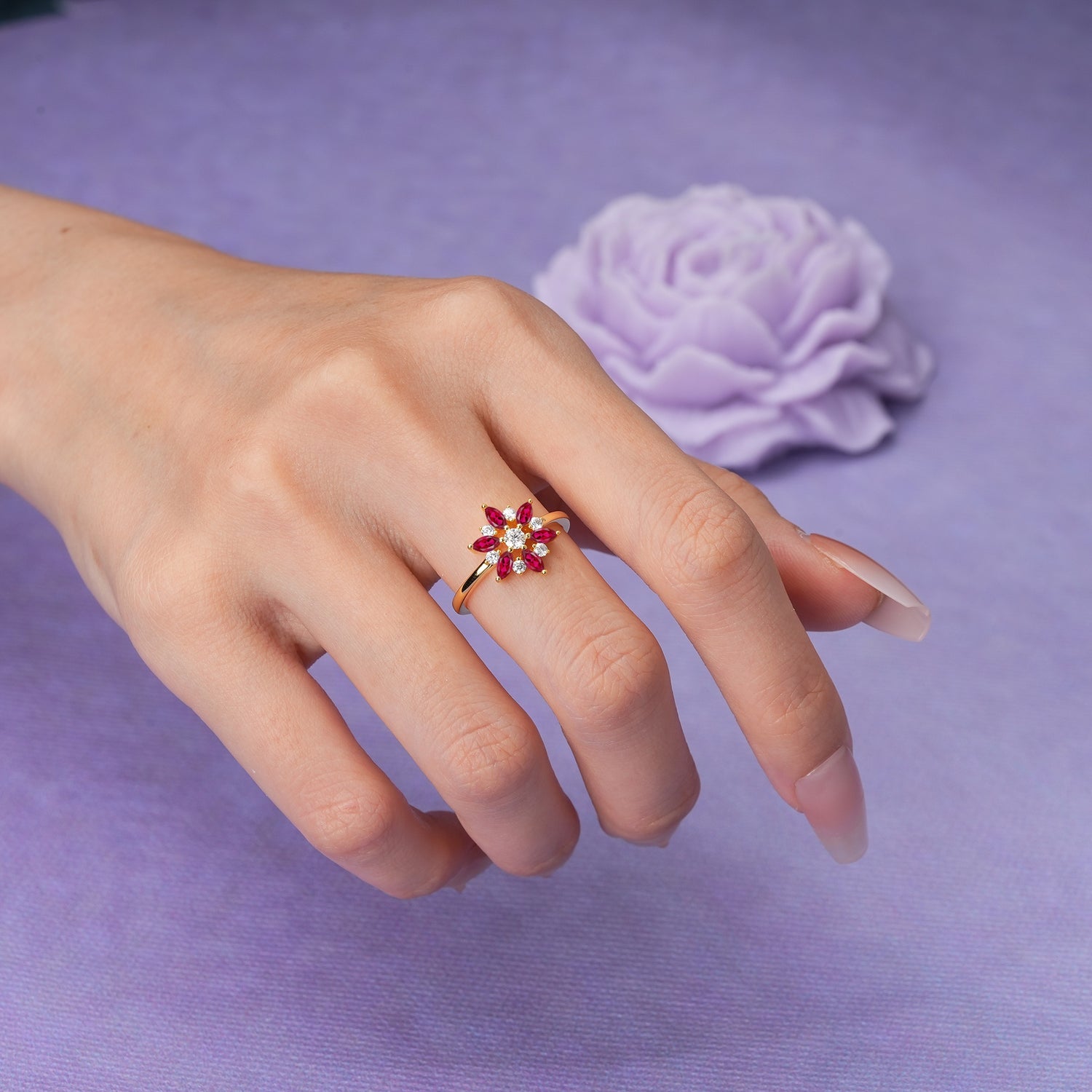 Symmetric Six Marquise Snowflake Cluster Center Round Cut Ruby Engagement Ring - Additional view