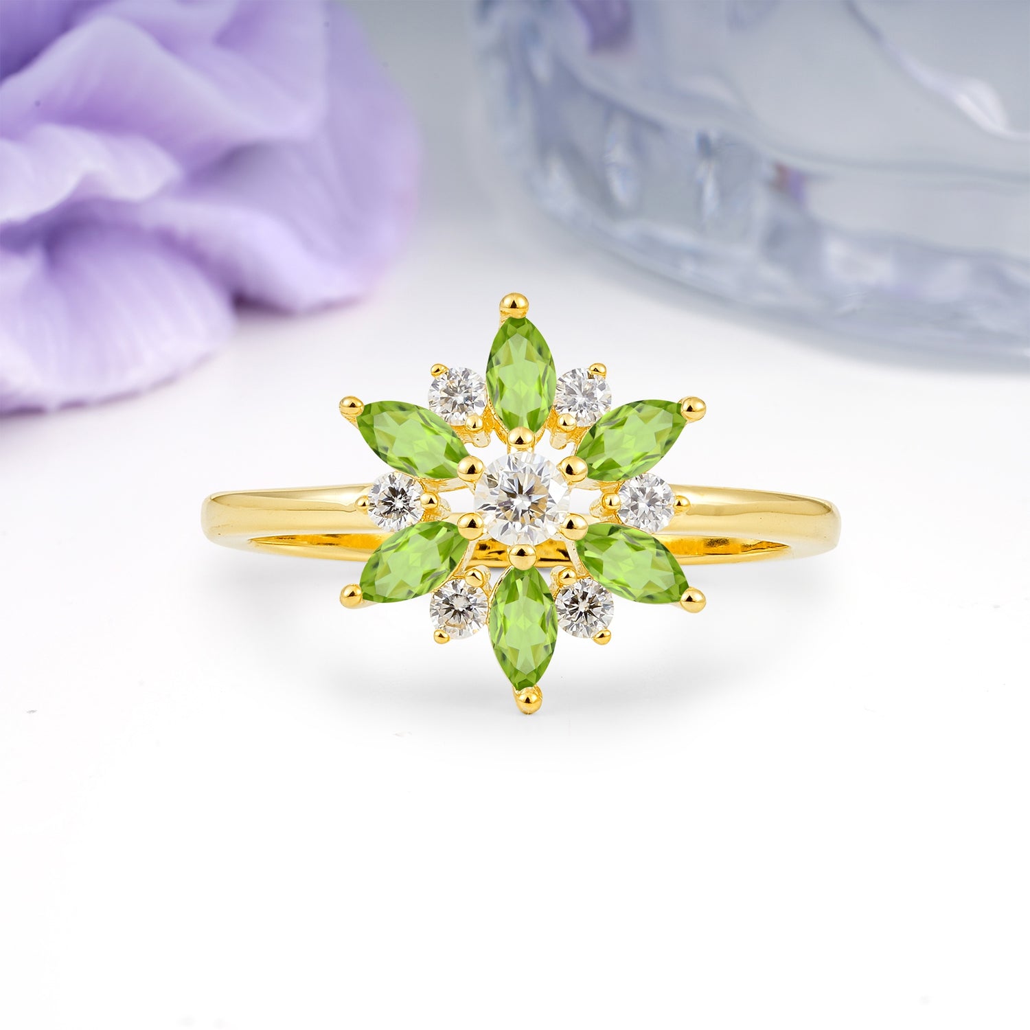 Symmetric Six Marquise Snowflake Cluster Center Round Cut Peridot Engagement Ring - Additional view