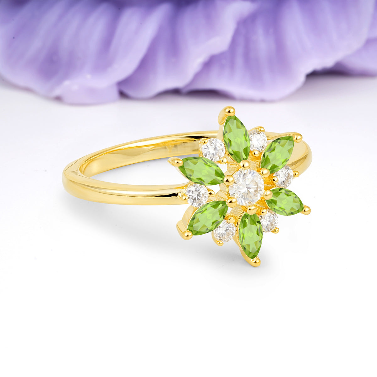 Symmetric Six Marquise Snowflake Cluster Center Round Cut Peridot Engagement Ring - Additional view