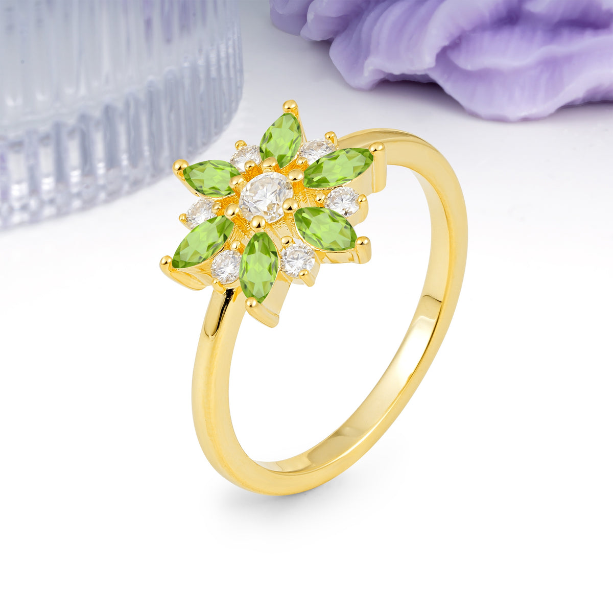 Symmetric Six Marquise Snowflake Cluster Center Round Cut Peridot Engagement Ring - Additional view