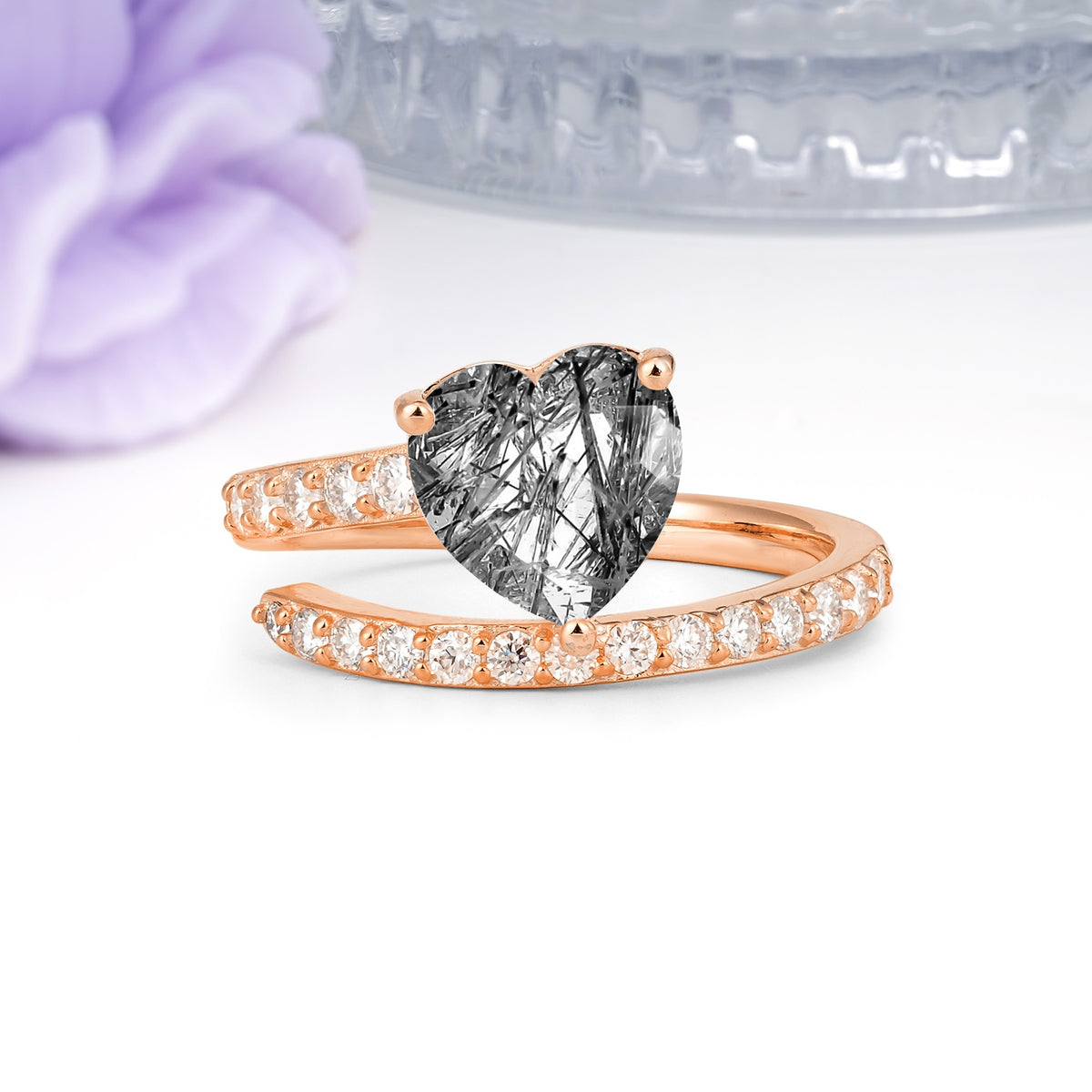 Unique Intertwined 3-Prong Heart-Cut Black Rutilated Quartz Engagement Ring - Additional view