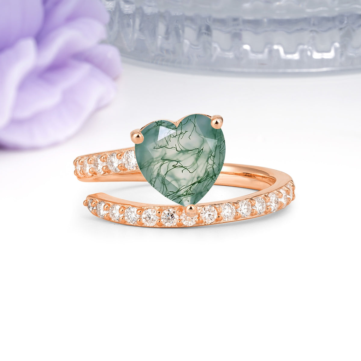 Unique Intertwined 3-Prong Heart-Cut Moss Agate Engagement Ring - Additional view