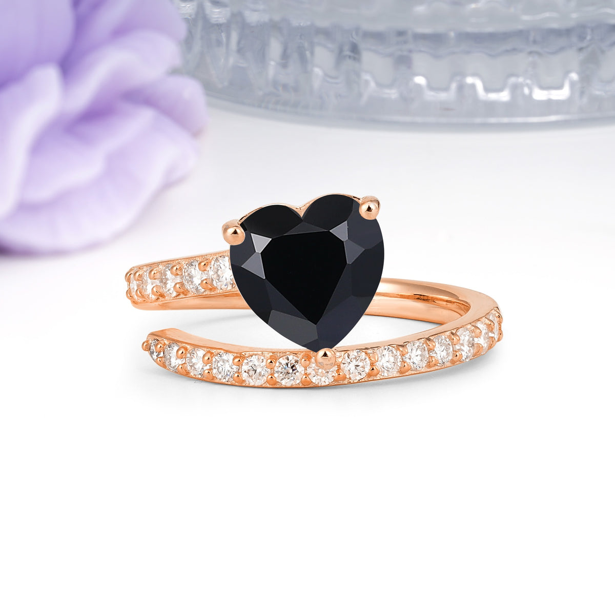 Unique Intertwined 3-Prong Heart-Cut Black Onyx Engagement Ring - Additional view