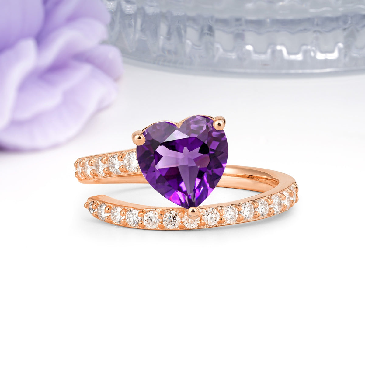 Unique Intertwined 3-Prong Heart-Cut Amethyst Engagement Ring - Additional view