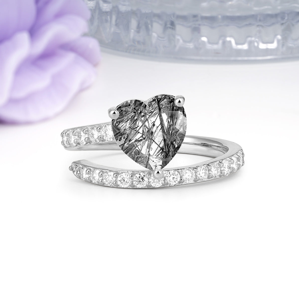 Unique Intertwined 3-Prong Heart-Cut Black Rutilated Quartz Engagement Ring - Additional view
