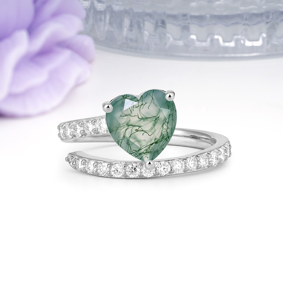 Unique Intertwined 3-Prong Heart-Cut Moss Agate Engagement Ring - Additional view