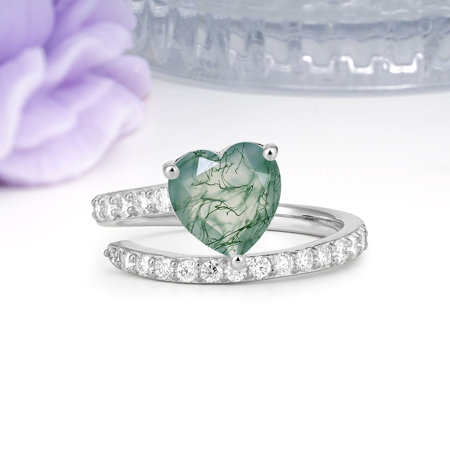 Unique Intertwined 3-Prong Heart-Cut Moss Agate Engagement Ring - Additional view